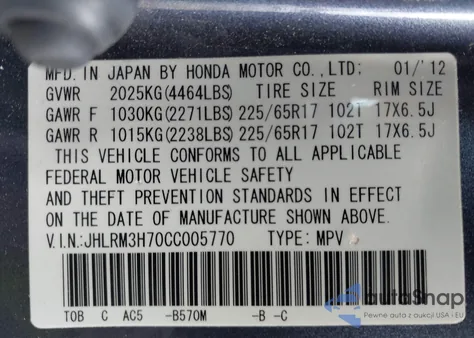 2012 Honda Cr-V Ex-L z USA, uszkodzony, nr VIN JHLRM3H70CC005770